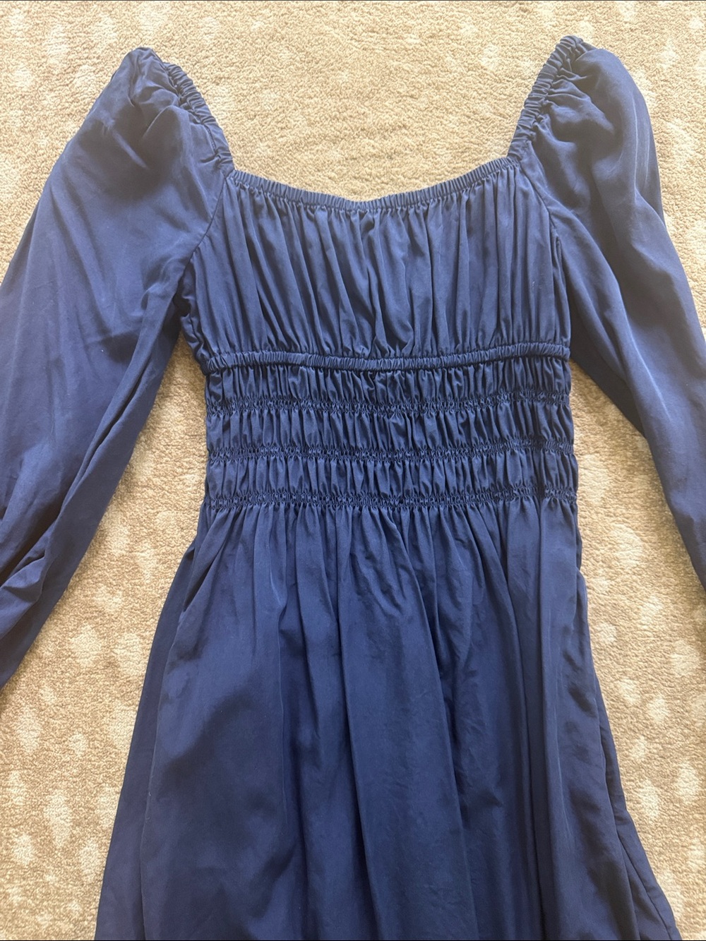 Hill House Navy Smocked Midi Dress with Puff Sleeves